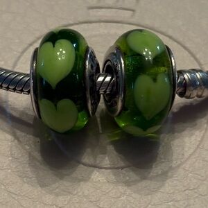 1 Authentic Retired Pandora Sterling Silver Green Heart Murano Glass Charm